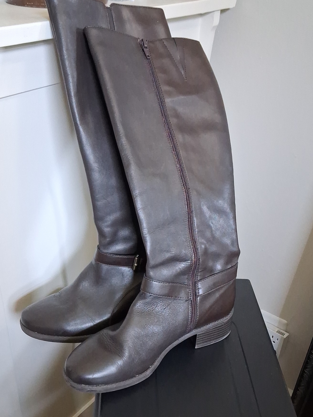 🐴 Easy Spirit Soft LEATHER Espresso Brown Riding Boots Full Side Zip 8.5